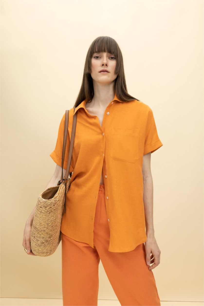 Kadın Turuncu Regular Fit Keten Karışımlı Kısa Kollu Gömlek