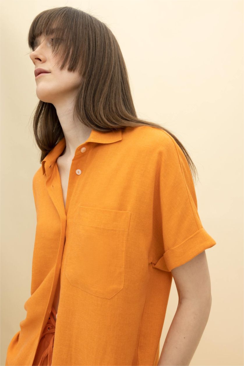 Kadın Turuncu Regular Fit Keten Karışımlı Kısa Kollu Gömlek