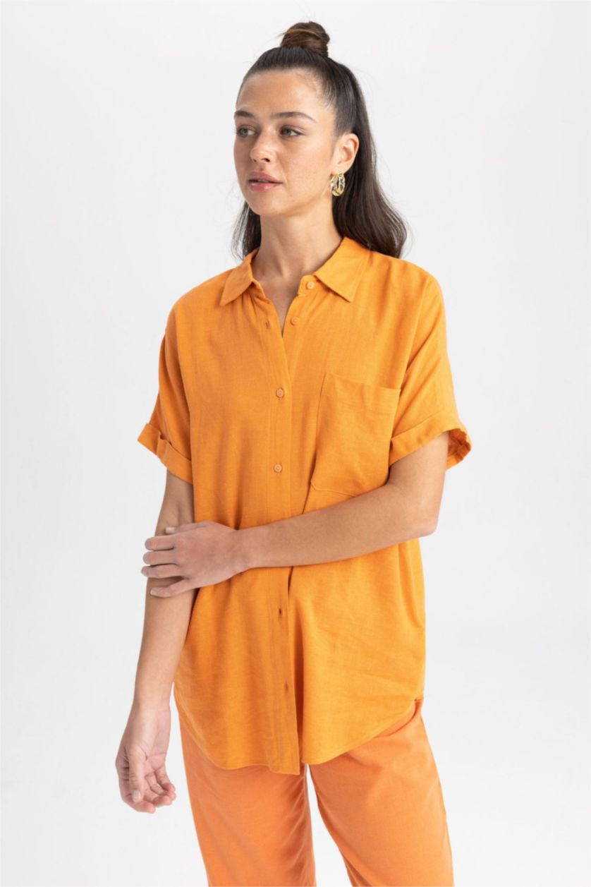 Kadın Turuncu Regular Fit Keten Karışımlı Kısa Kollu Gömlek