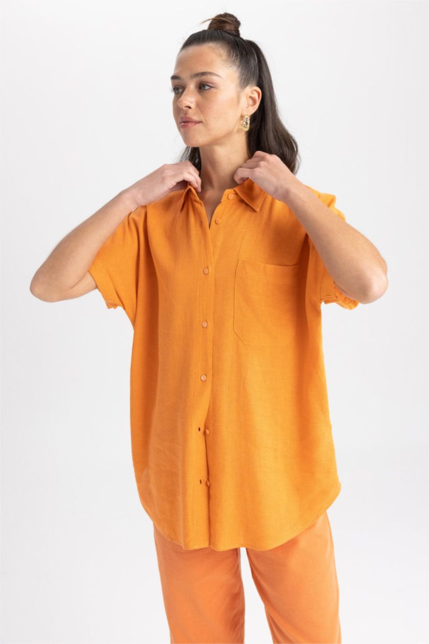 Kadın Turuncu Regular Fit Keten Karışımlı Kısa Kollu Gömlek