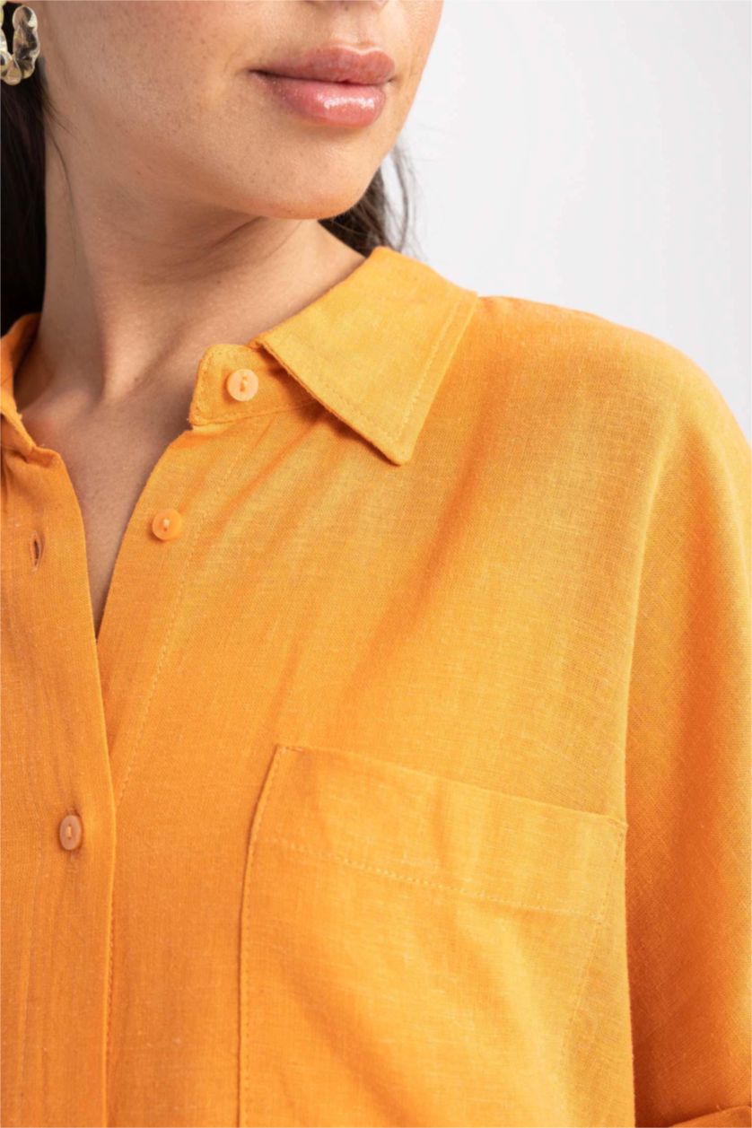 Kadın Turuncu Regular Fit Keten Karışımlı Kısa Kollu Gömlek