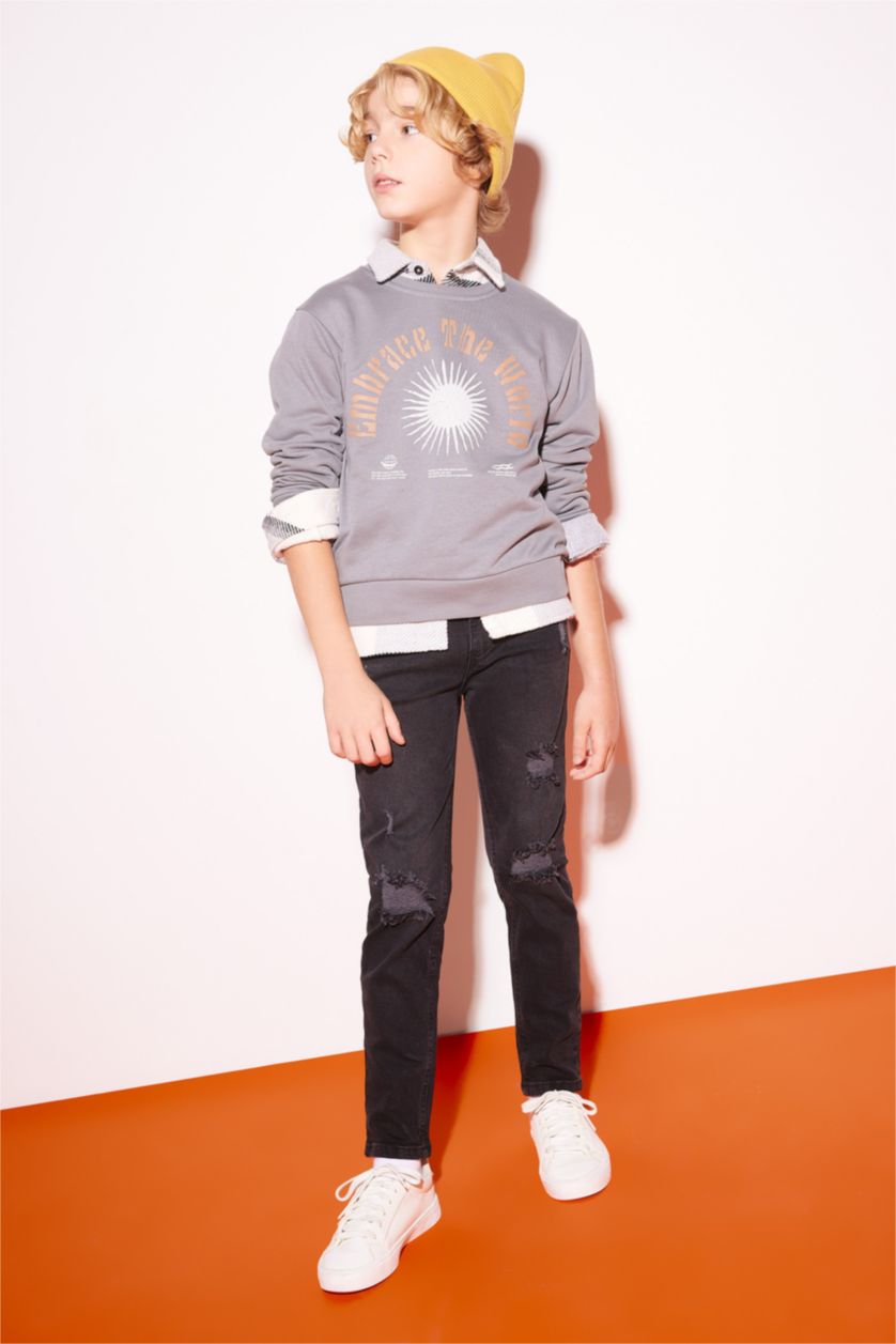 أولادي أسود بنطلون جينز سليم فيت اولادي برجل ضيقة ممزق