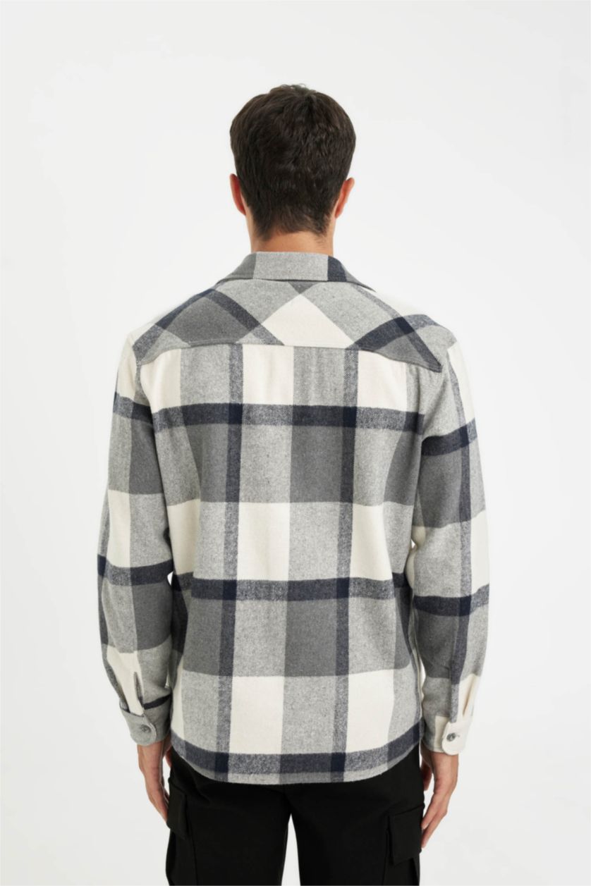 Erkek Gri Melanj Regular Fit Polo Yaka Kareli Oduncu Flanel Uzun Kollu Gömlek