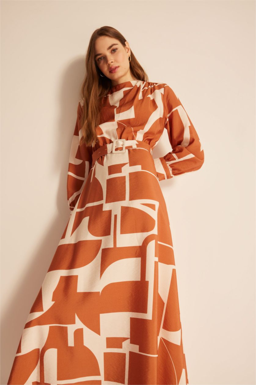 WOMAN Dark Orange Regular Fit Collar Printed Long Sleeve Dress