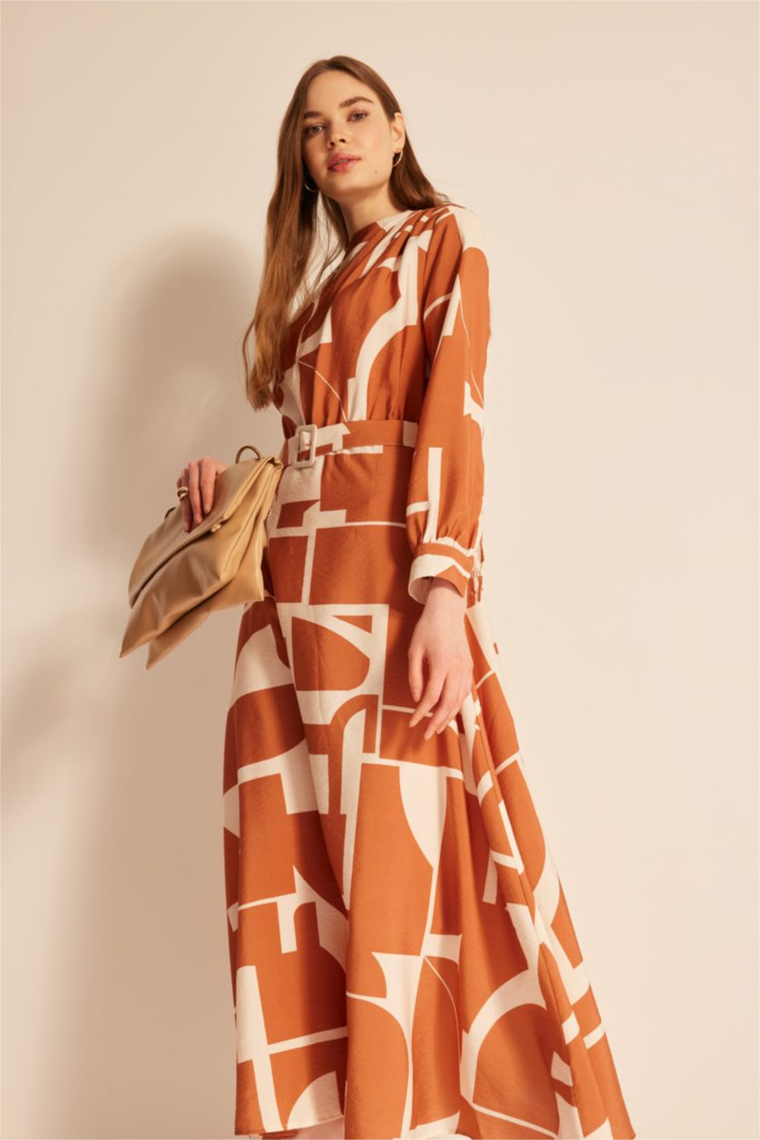 WOMAN Dark Orange Regular Fit Collar Printed Long Sleeve Dress