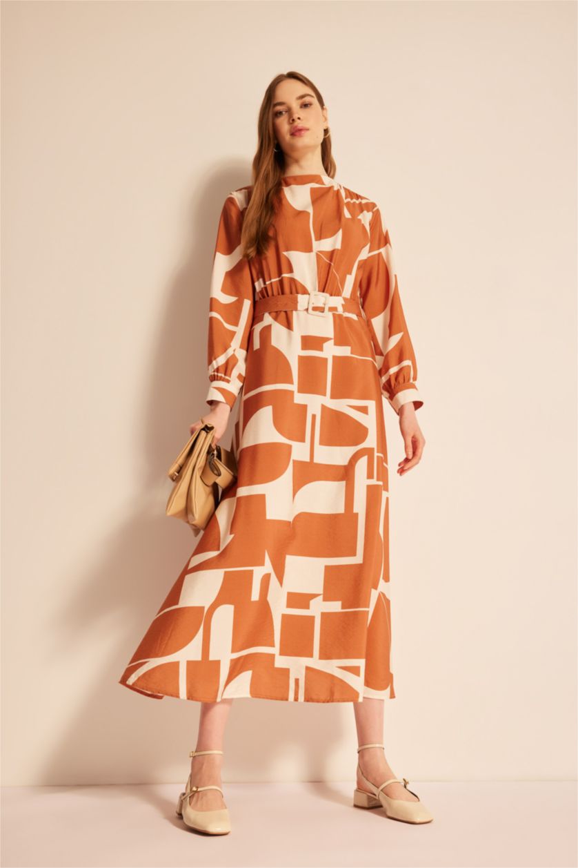 WOMAN Dark Orange Regular Fit Collar Printed Long Sleeve Dress