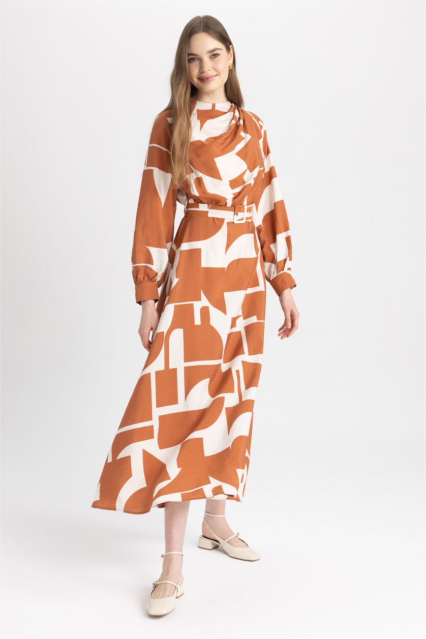 WOMAN Dark Orange Regular Fit Collar Printed Long Sleeve Dress