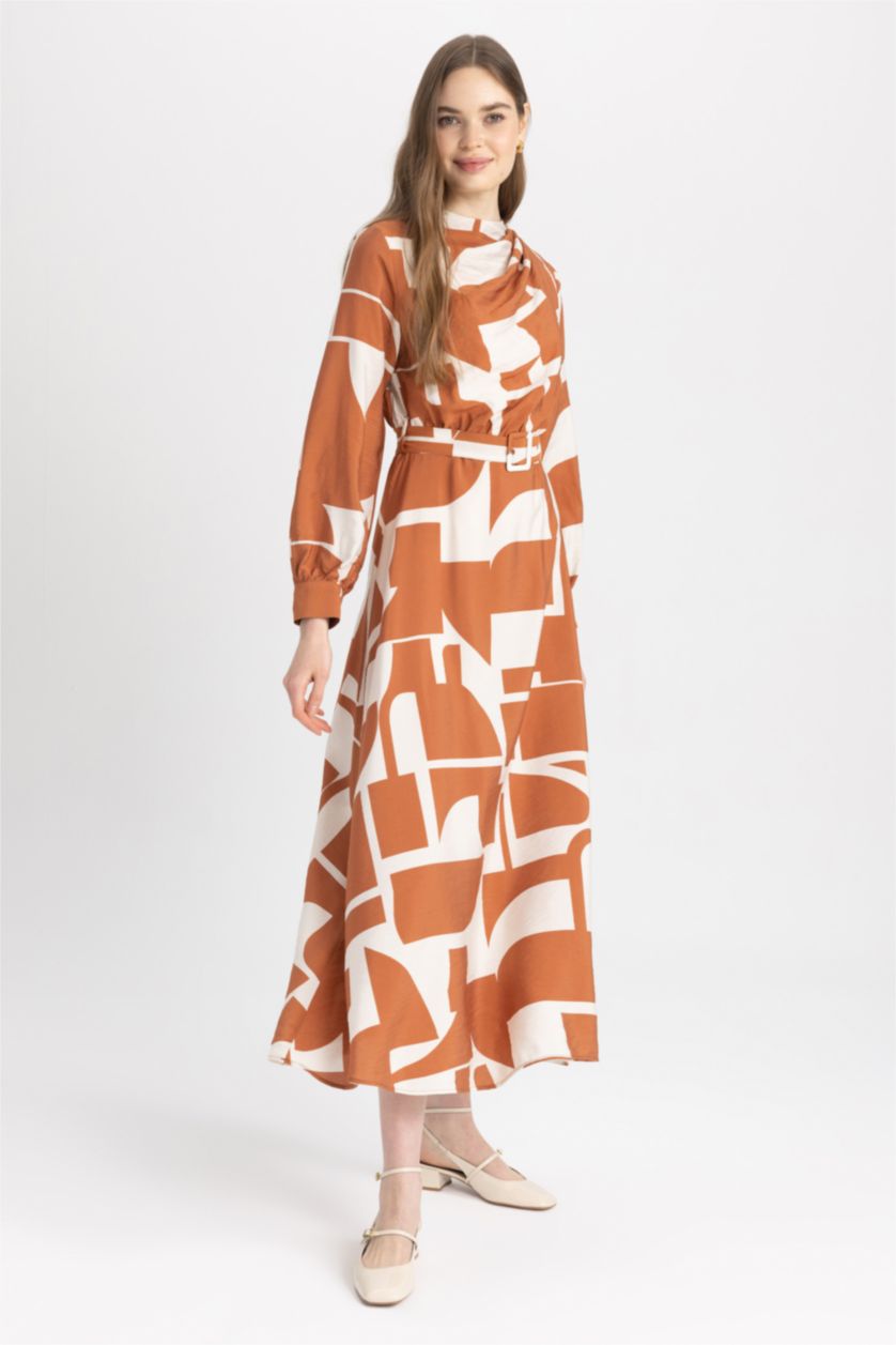 WOMAN Dark Orange Regular Fit Collar Printed Long Sleeve Dress