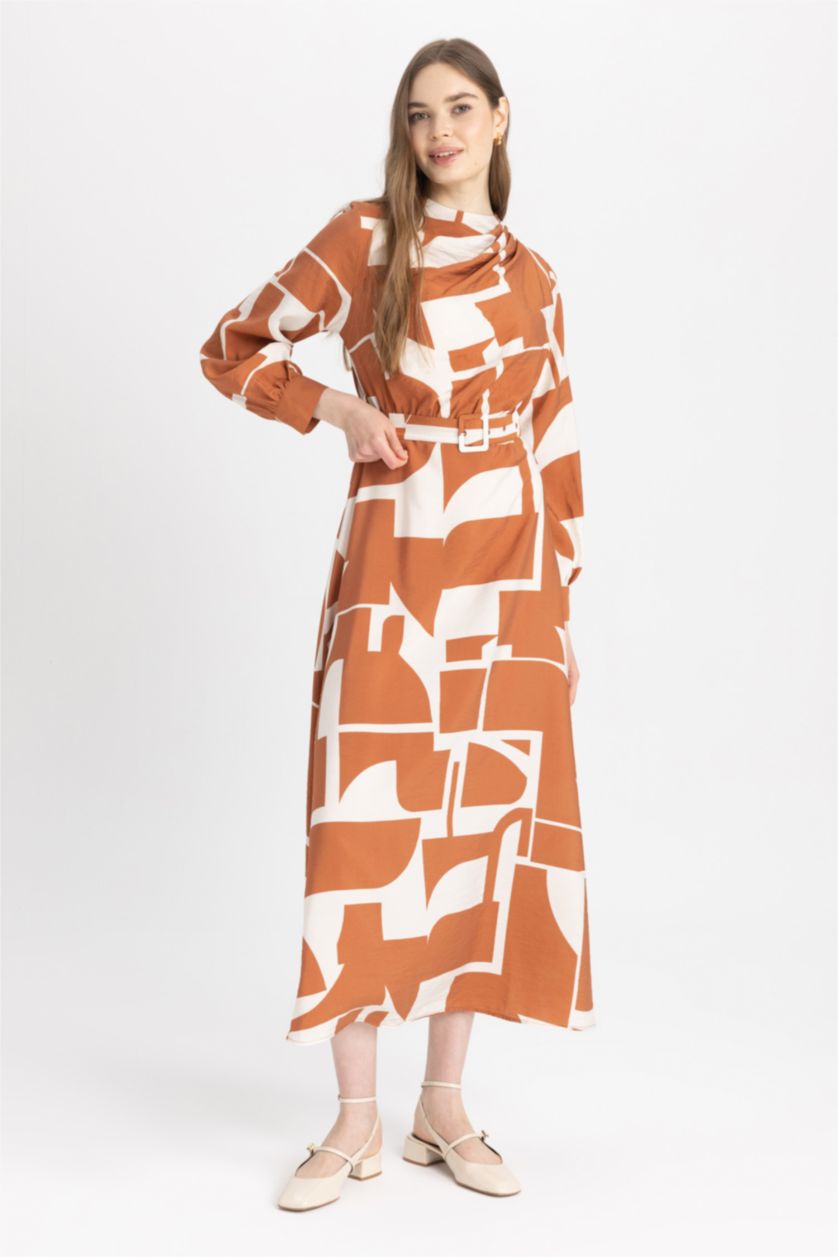 WOMAN Dark Orange Regular Fit Collar Printed Long Sleeve Dress