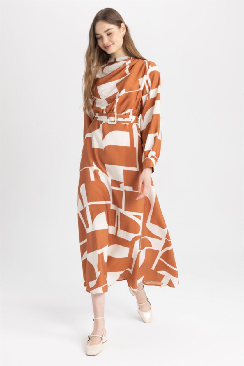 WOMAN Dark Orange Regular Fit Collar Printed Long Sleeve Dress