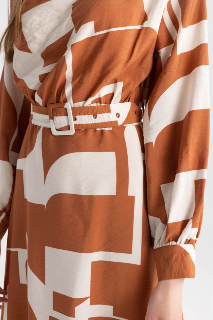 WOMAN Dark Orange Regular Fit Collar Printed Long Sleeve Dress