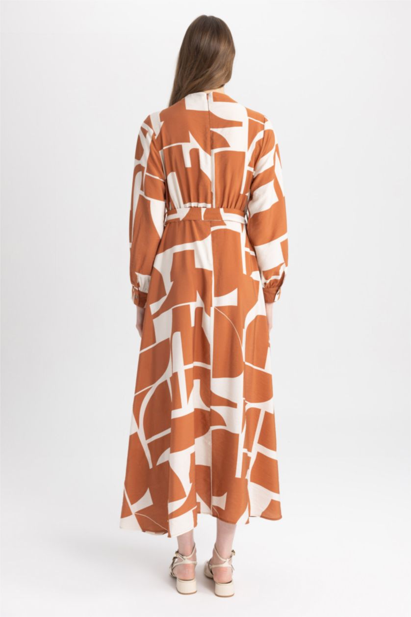 WOMAN Dark Orange Regular Fit Collar Printed Long Sleeve Dress