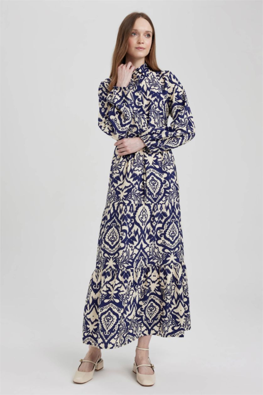 FEMME Écru Robe Tissée À Manches Longues Imprimé Col De Chemise