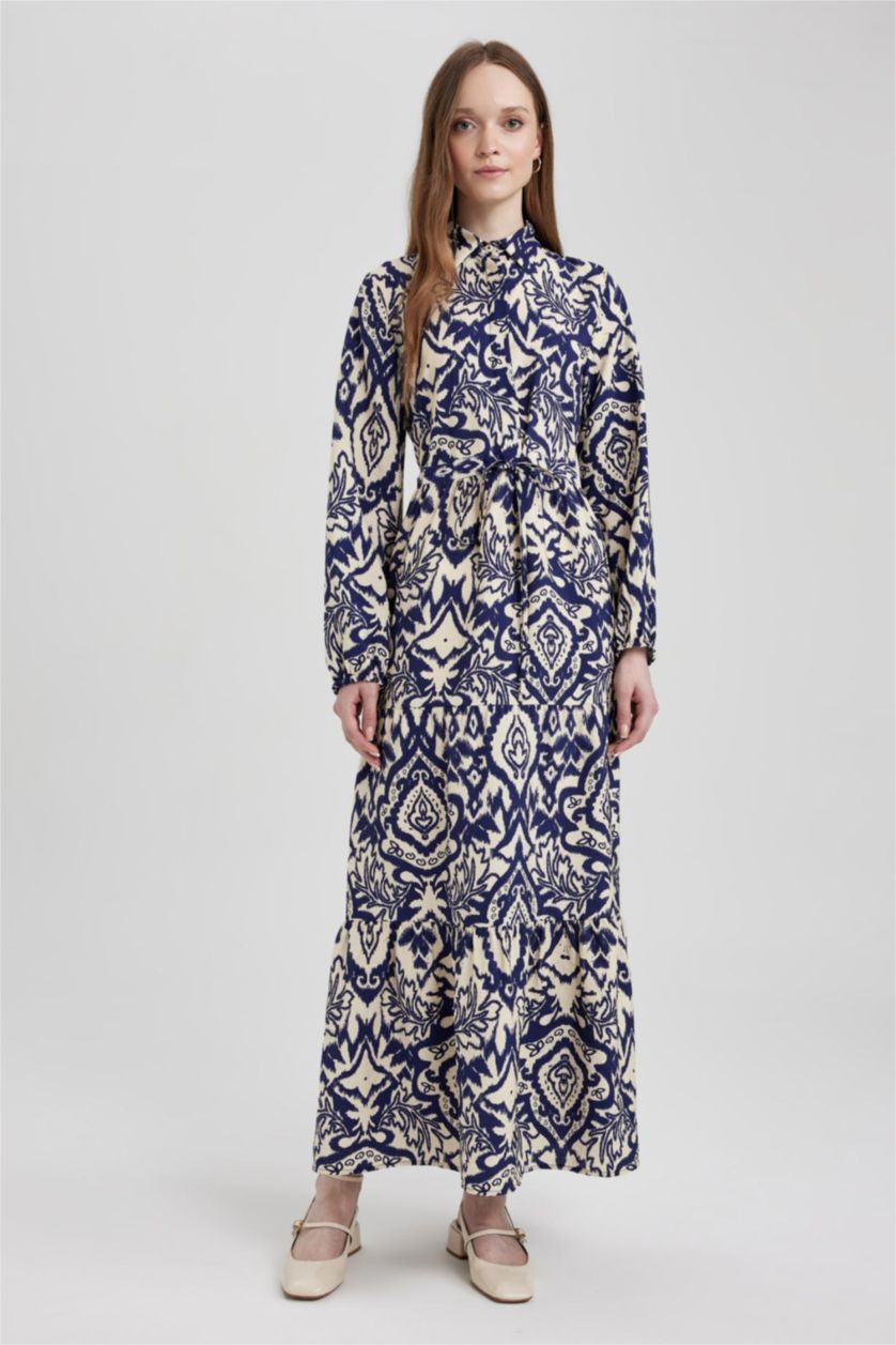 FEMME Écru Robe Tissée À Manches Longues Imprimé Col De Chemise