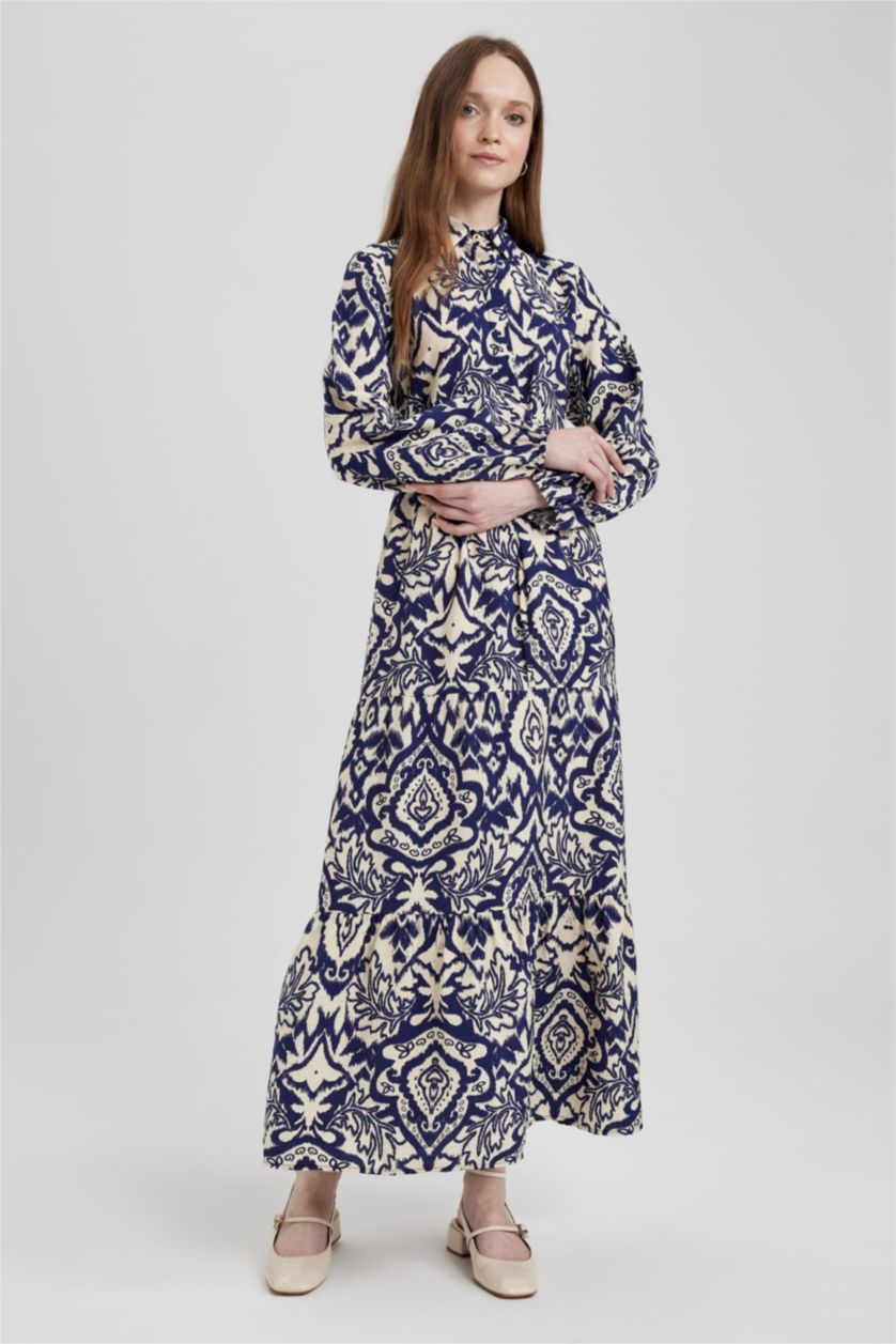 FEMME Écru Robe Tissée À Manches Longues Imprimé Col De Chemise