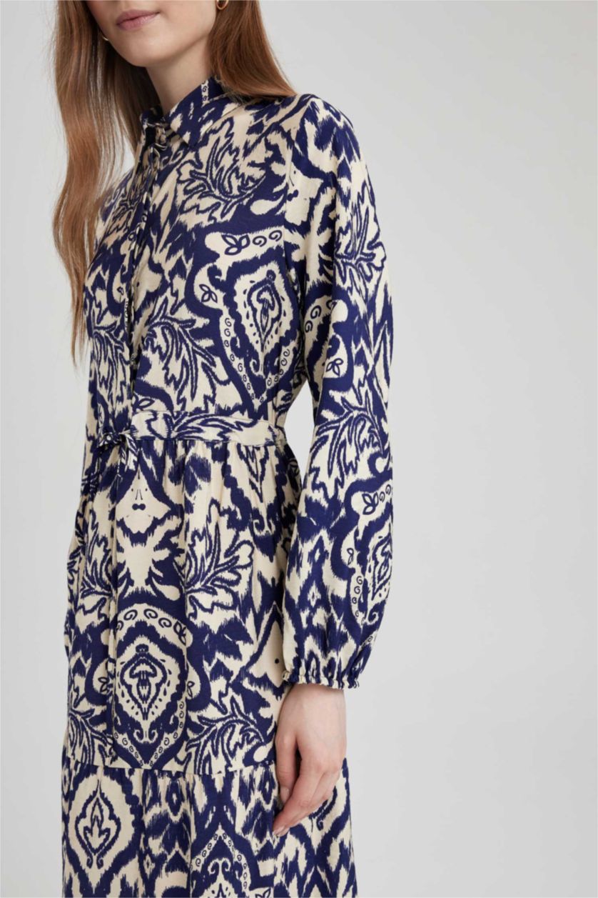 FEMME Écru Robe Tissée À Manches Longues Imprimé Col De Chemise