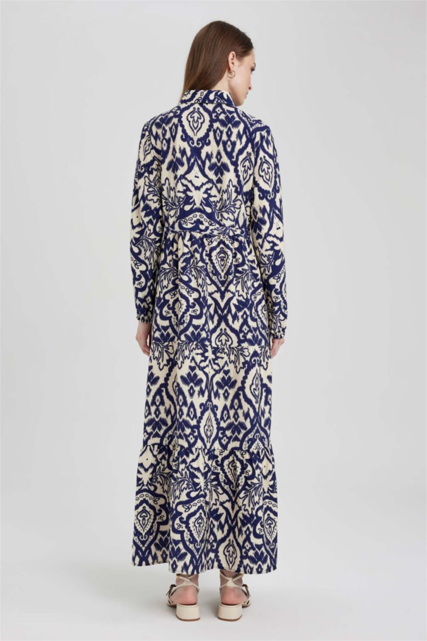 FEMME Écru Robe Tissée À Manches Longues Imprimé Col De Chemise