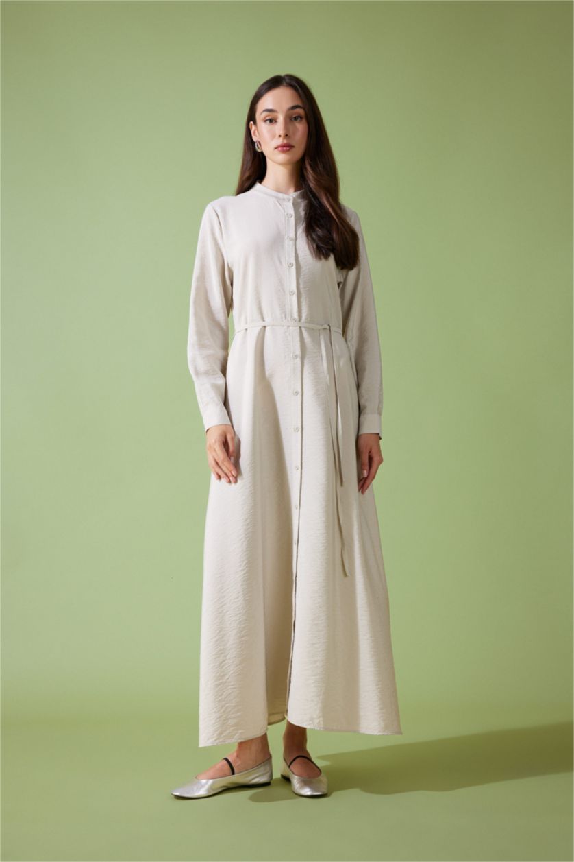 FEMME Beige Clair Robe Tissée À Manches Longues Col arrondi