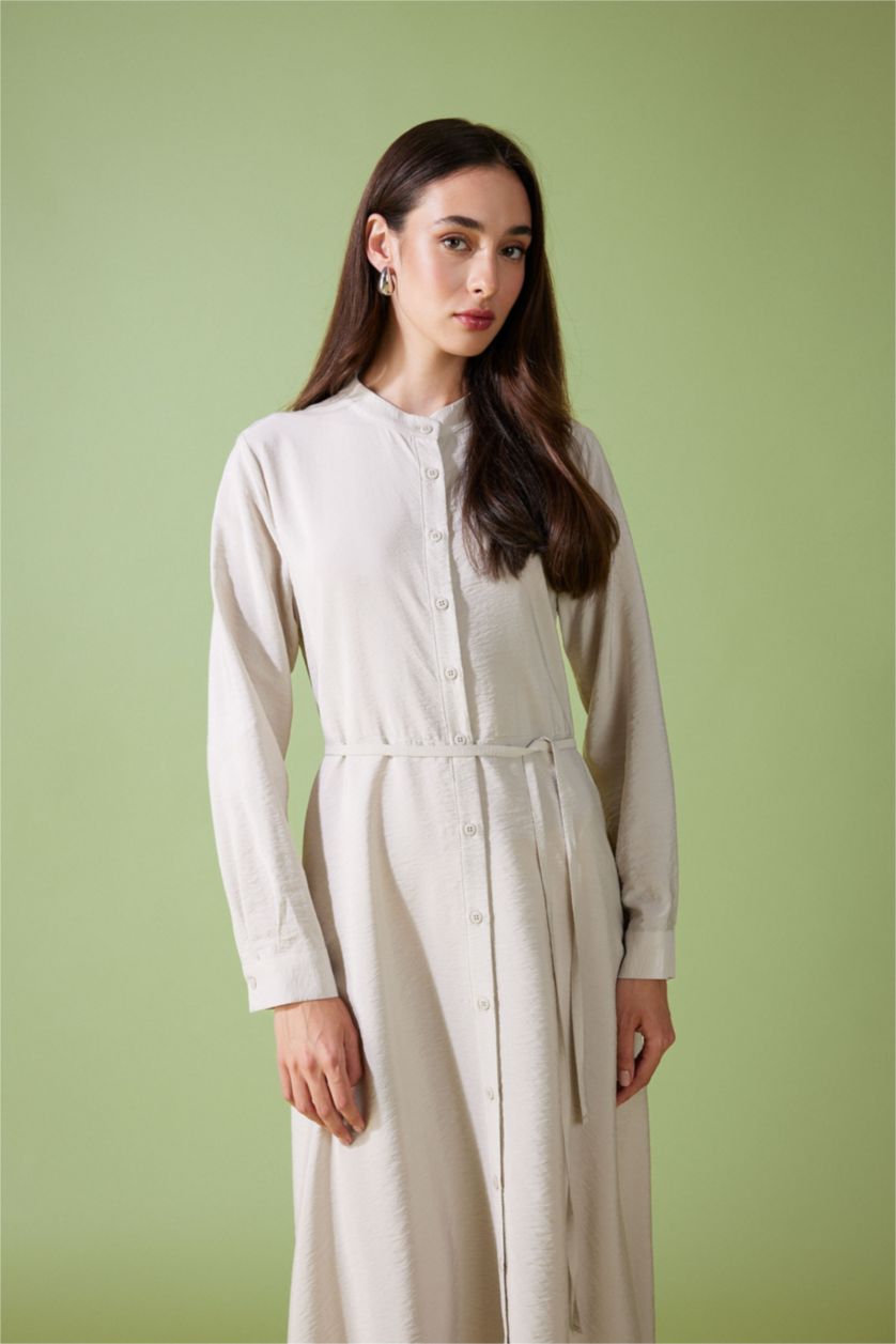 FEMME Beige Clair Robe Tissée À Manches Longues Col arrondi