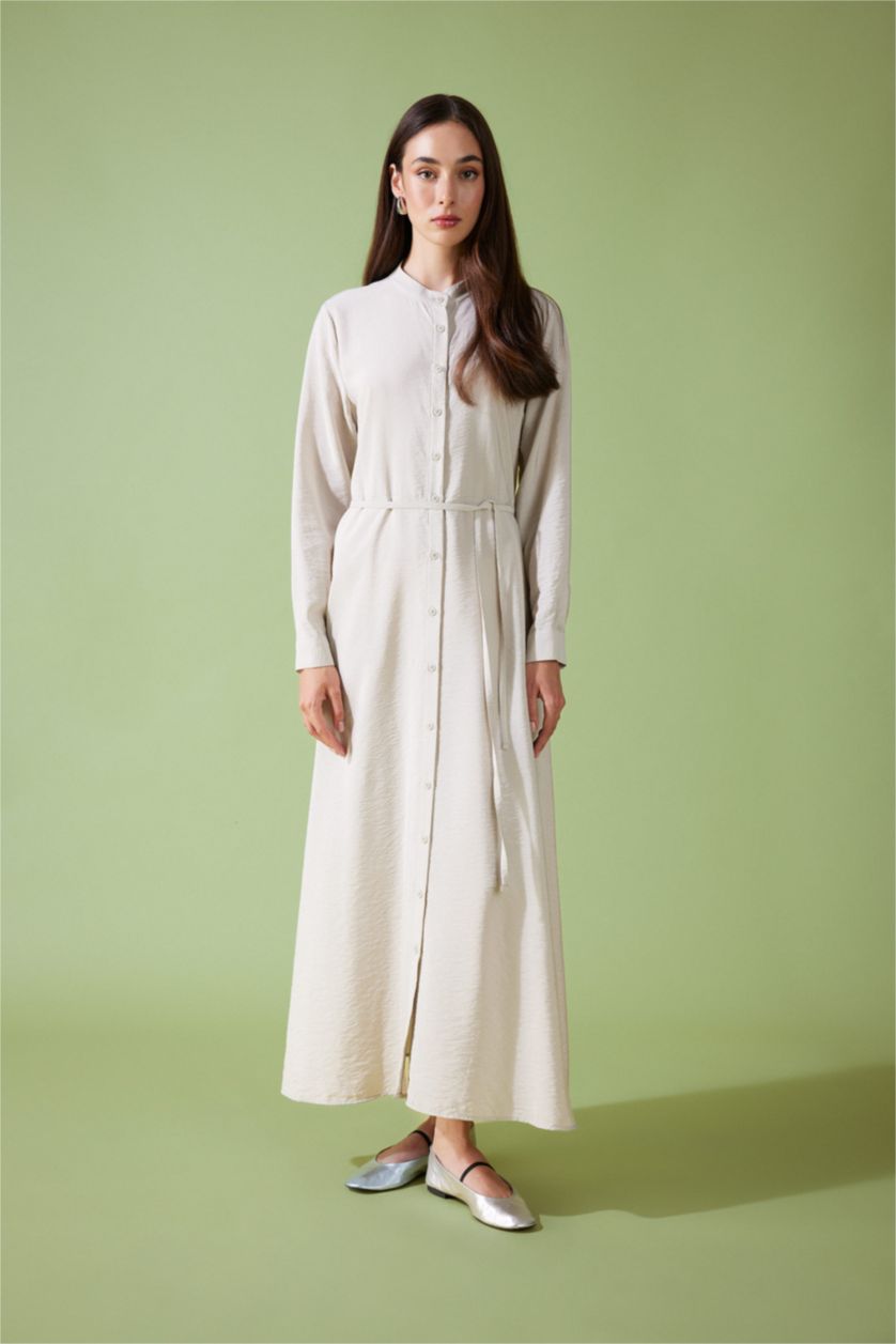 FEMME Beige Clair Robe Tissée À Manches Longues Col arrondi