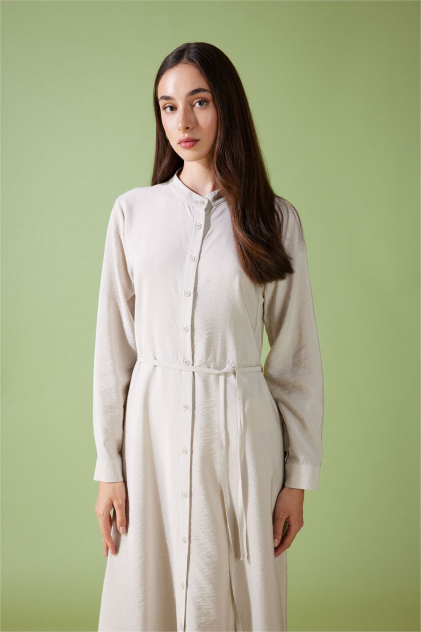 FEMME Beige Clair Robe Tissée À Manches Longues Col arrondi