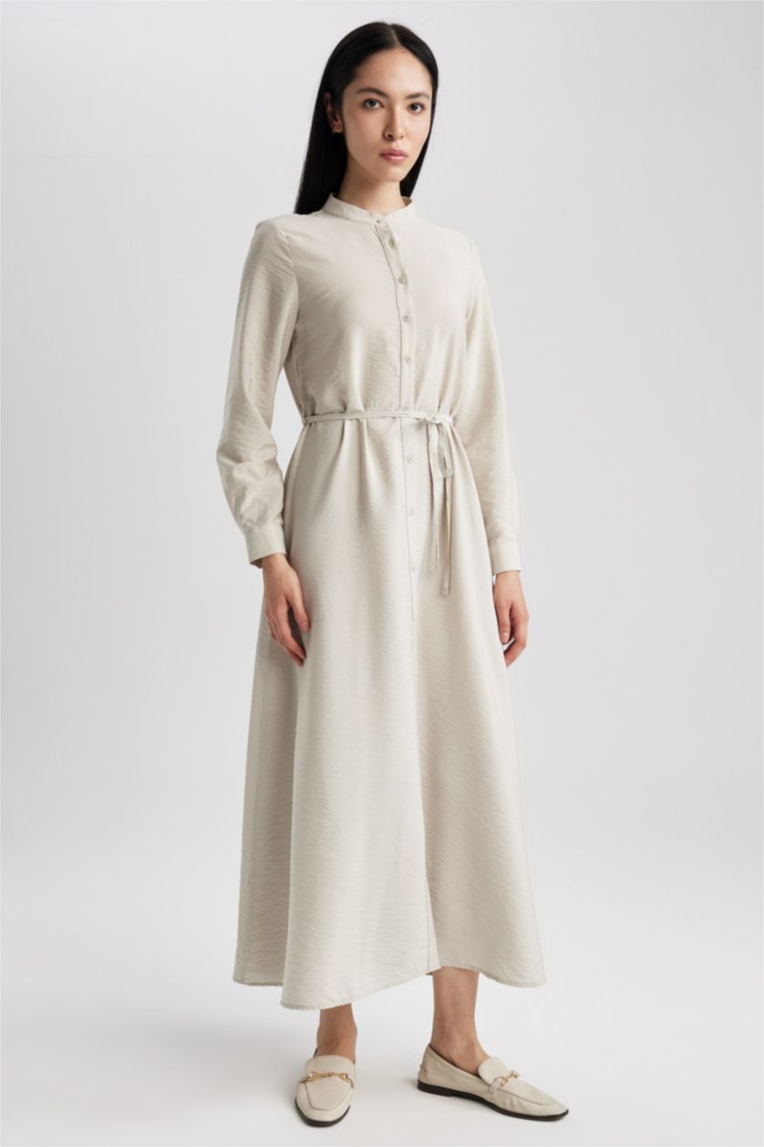 FEMME Beige Clair Robe Tissée À Manches Longues Col arrondi