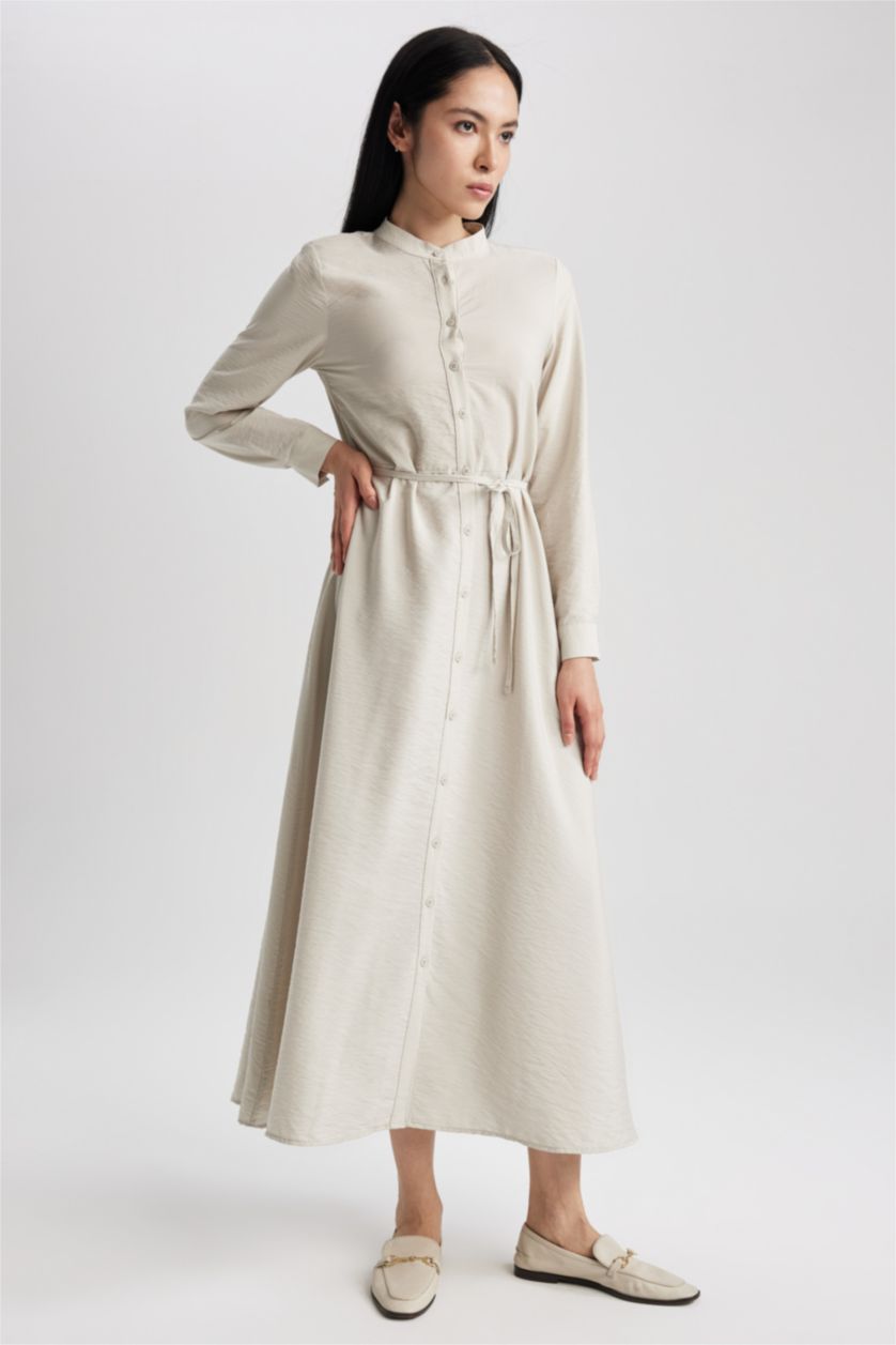 FEMME Beige Clair Robe Tissée À Manches Longues Col arrondi