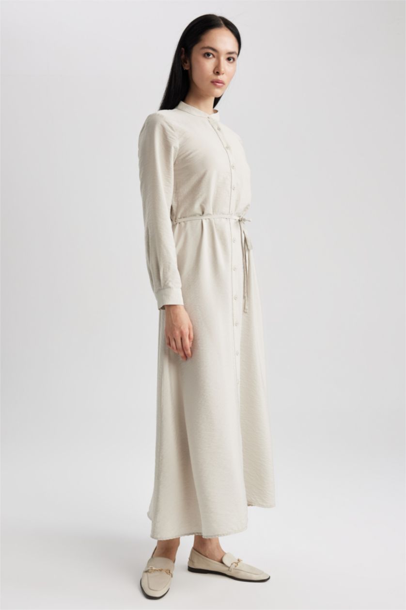 FEMME Beige Clair Robe Tissée À Manches Longues Col arrondi