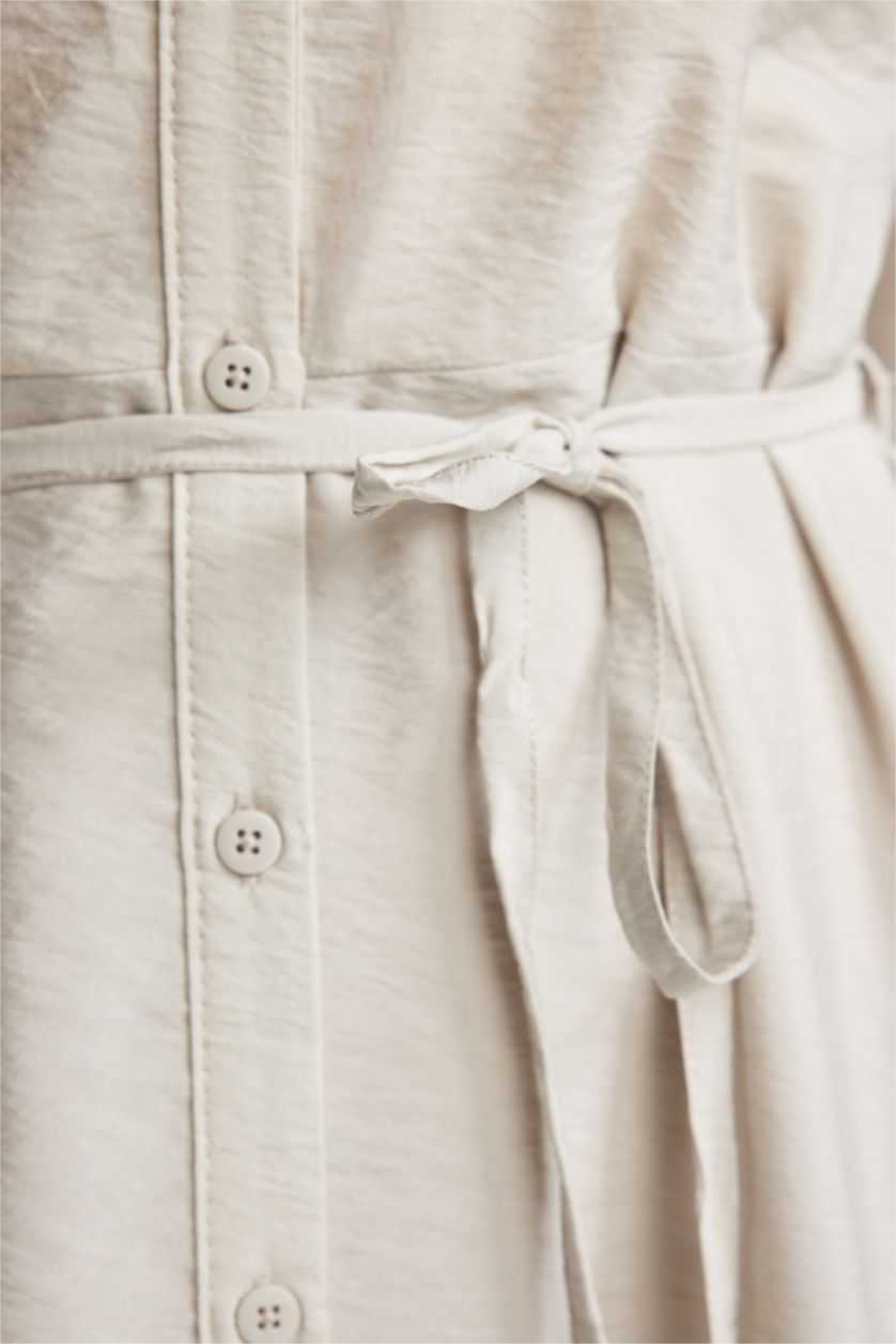 FEMME Beige Clair Robe Tissée À Manches Longues Col arrondi