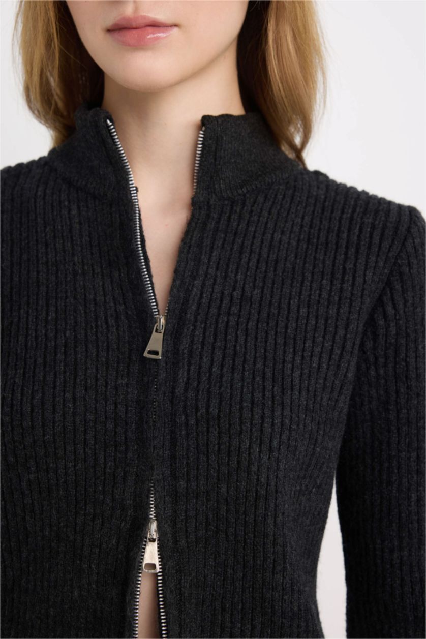 FEMME Anthracite Cardigan en Tricot à col roulé ajusté
