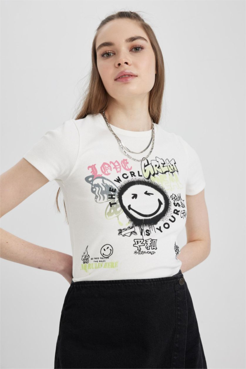FEMME Écru T-Shirt à manches courtess Coupe Slim imprimé Smileyworld