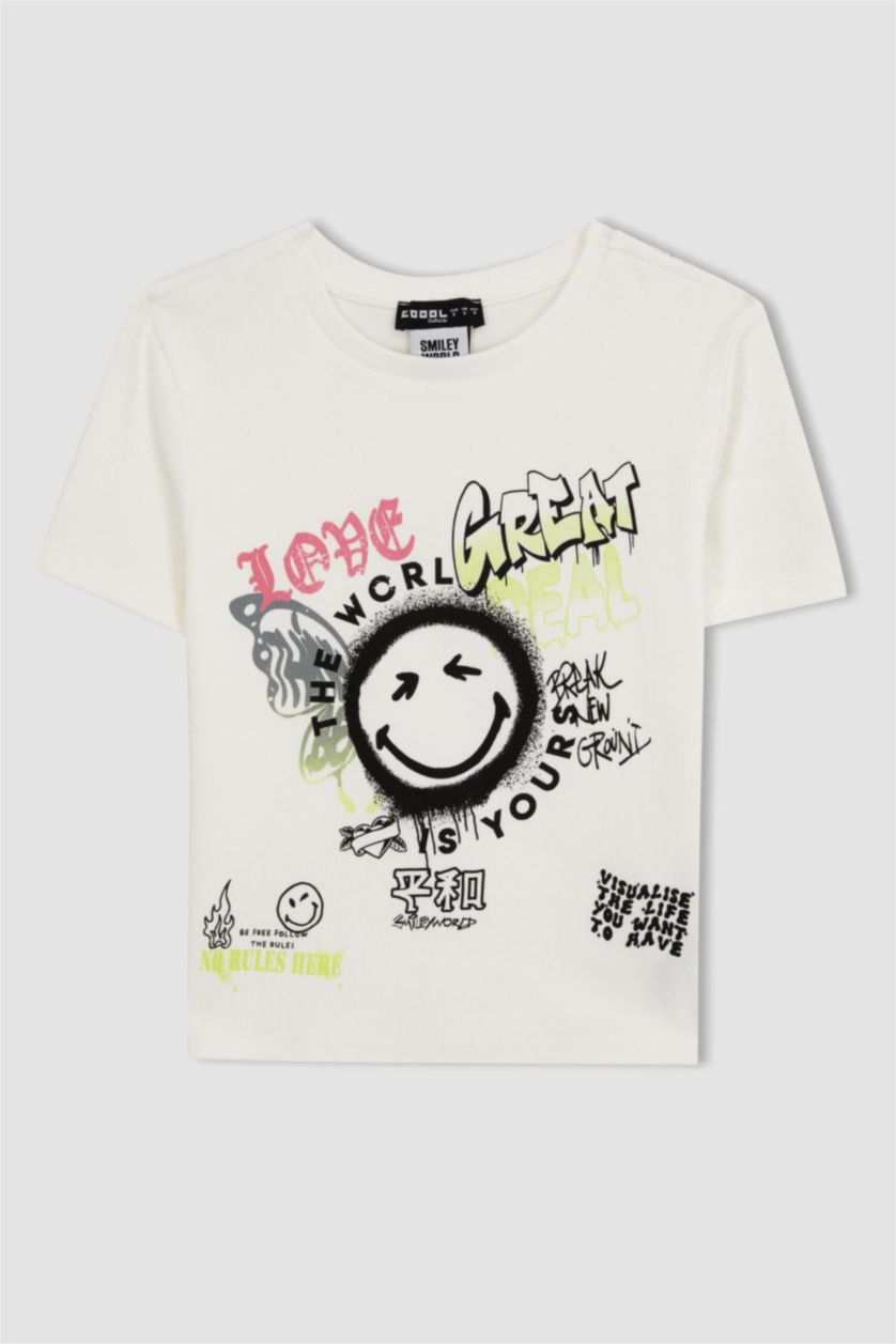 FEMME Écru T-Shirt à manches courtess Coupe Slim imprimé Smileyworld
