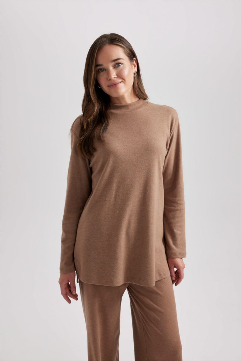 WOMAN Beige Regular Fit Half Turtleneck Long Sleeve Tunic