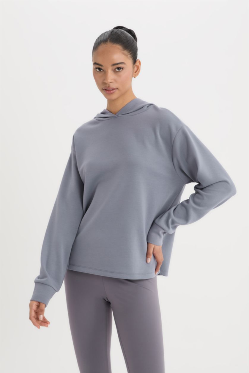 Kadın Açık Mavi Standart Fit Kapüşonlu Skuba Dalgıç Kumaş Sporcu Basic Düz Sweatshirt