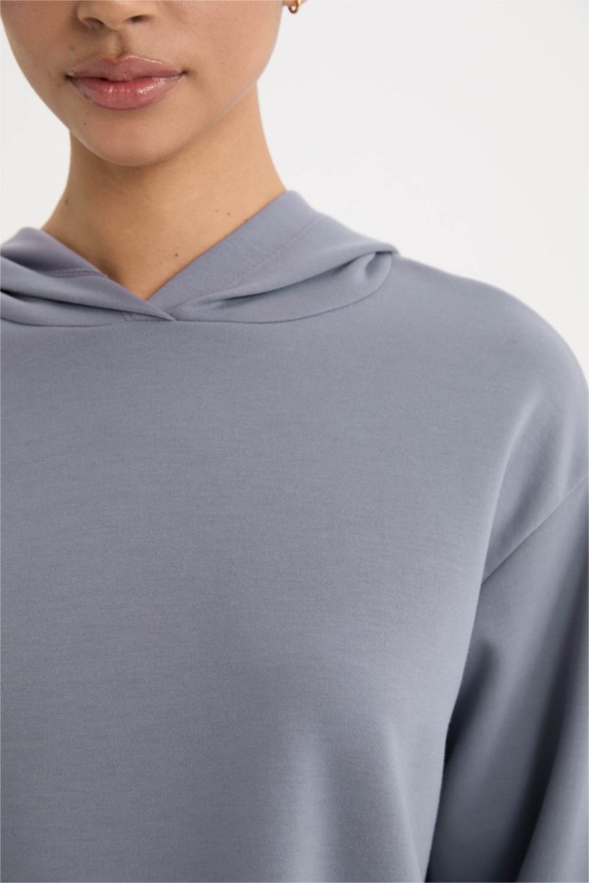 Kadın Açık Mavi Standart Fit Kapüşonlu Skuba Dalgıç Kumaş Sporcu Basic Düz Sweatshirt