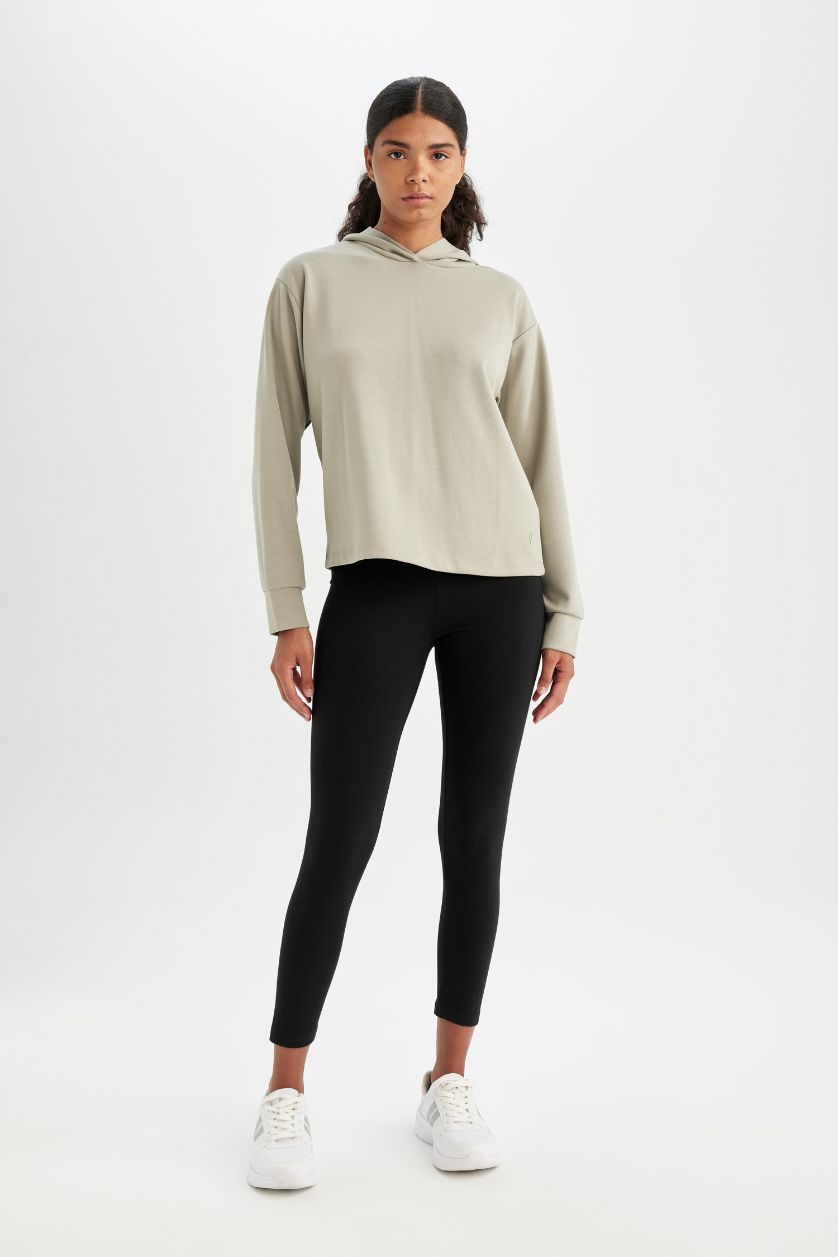 Kadın Açık Haki Standart Fit Kapüşonlu Skuba Dalgıç Kumaş Sporcu Basic Düz Sweatshirt