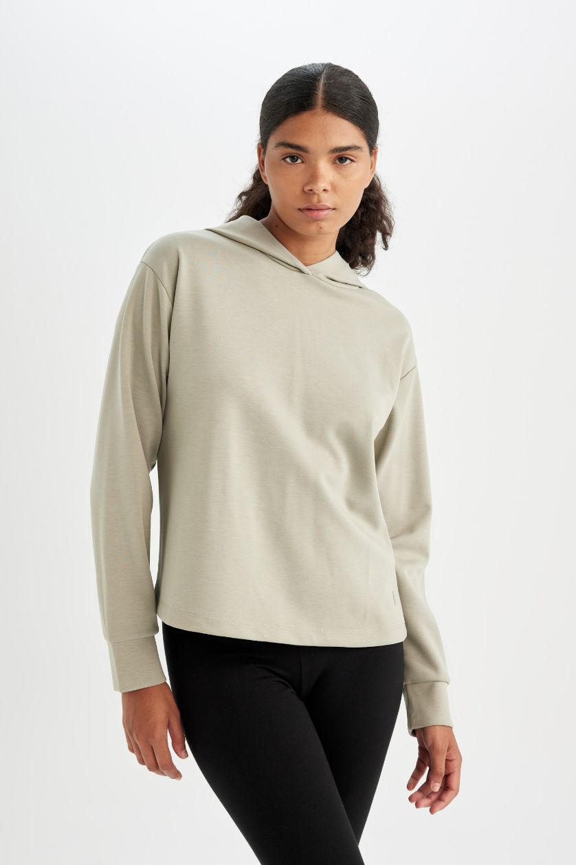 Kadın Açık Haki Standart Fit Kapüşonlu Skuba Dalgıç Kumaş Sporcu Basic Düz Sweatshirt