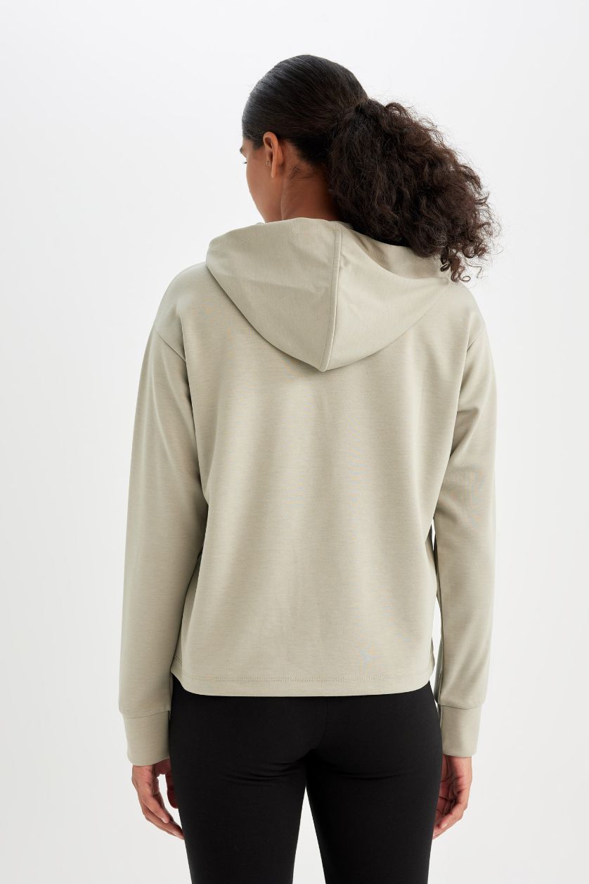 Kadın Açık Haki Standart Fit Kapüşonlu Skuba Dalgıç Kumaş Sporcu Basic Düz Sweatshirt