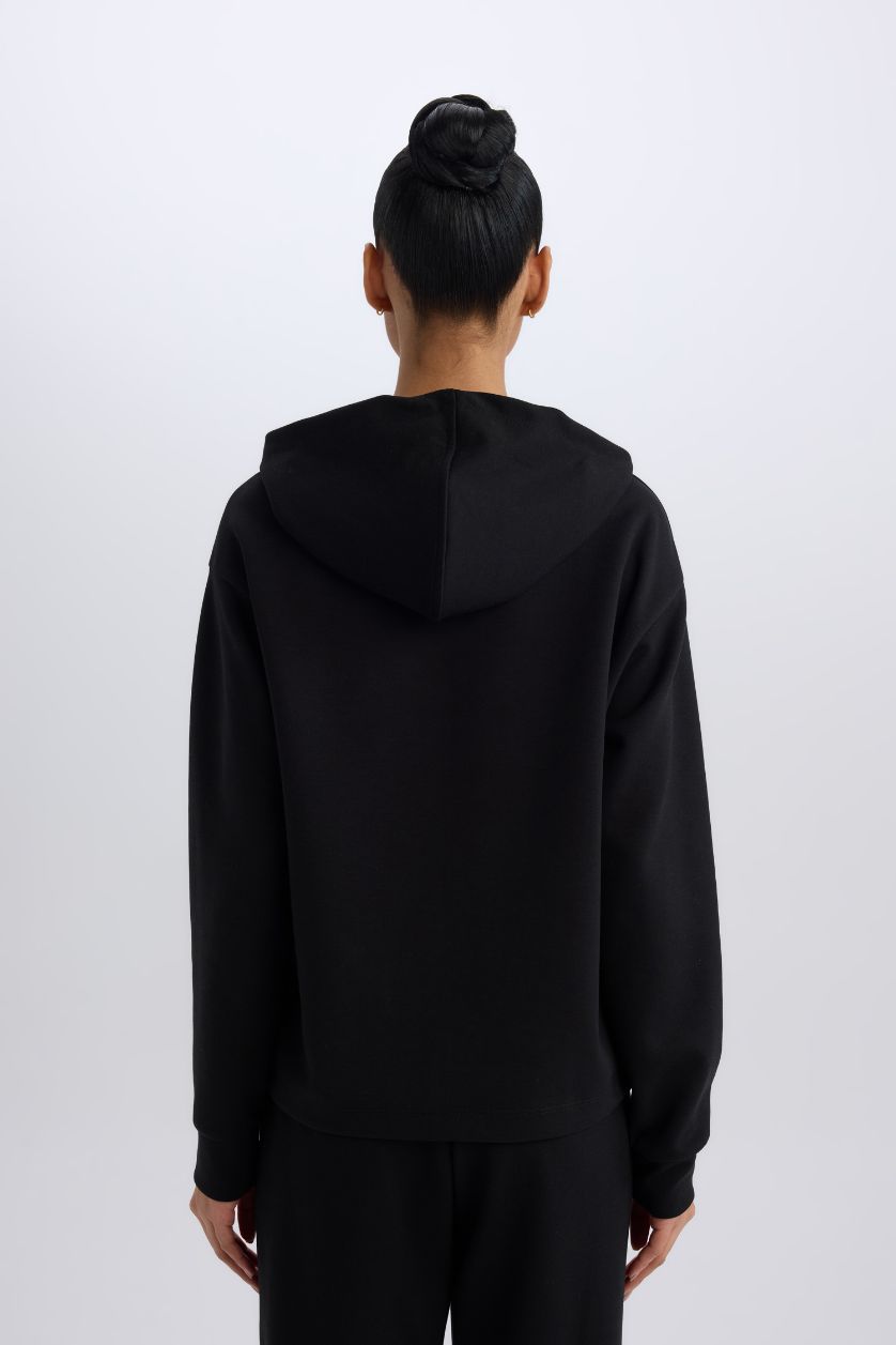 Kadın Siyah Standart Fit Kapüşonlu Skuba Dalgıç Kumaş Sporcu Basic Düz Sweatshirt