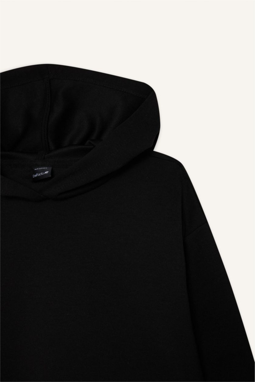 Kadın Siyah Standart Fit Kapüşonlu Skuba Dalgıç Kumaş Sporcu Basic Düz Sweatshirt