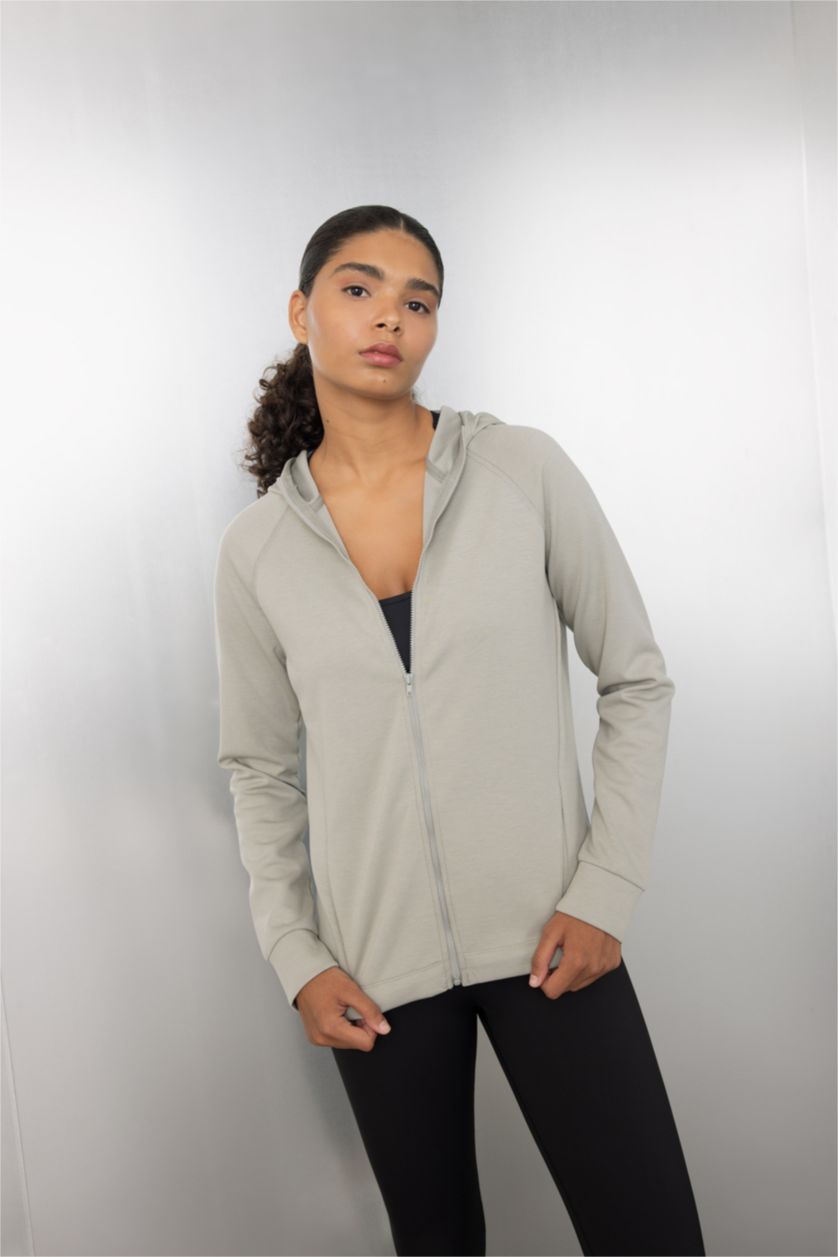 WOMAN Light Khaki DeFactoFit Standard Fit Zip-Up Scuba Fabric Zip-Up Sweatshirt
