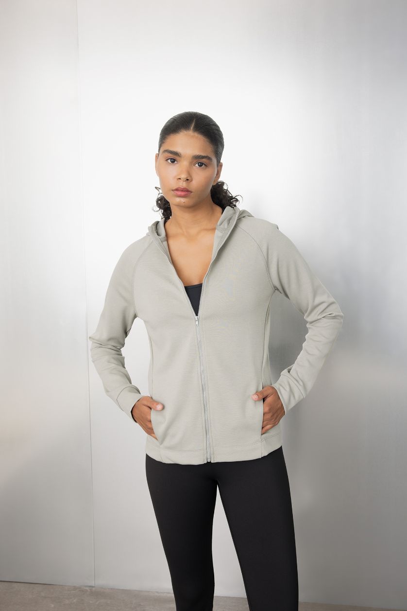 Kadın Açık Haki Standart Fit Sporcu Fermuarlı Skuba Dalgıç Kumaş Hırka