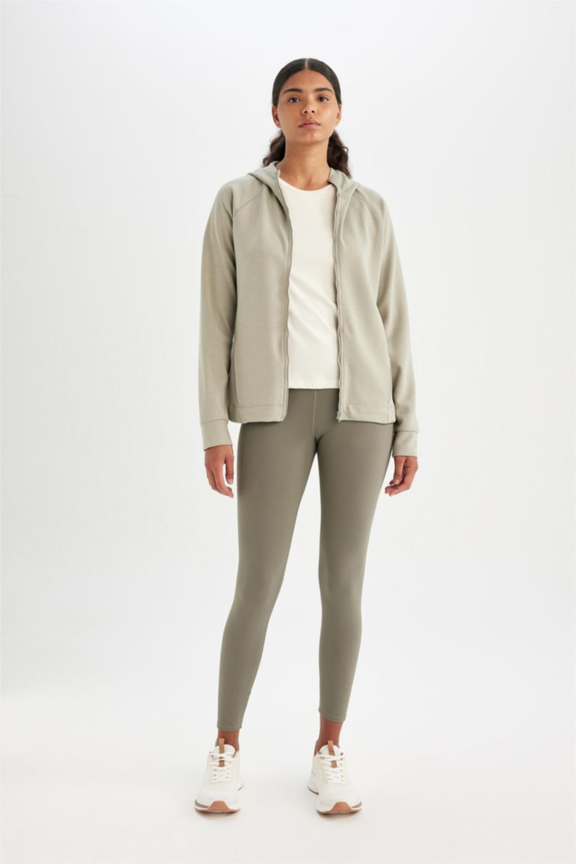 Kadın Açık Haki Standart Fit Sporcu Fermuarlı Skuba Dalgıç Kumaş Hırka