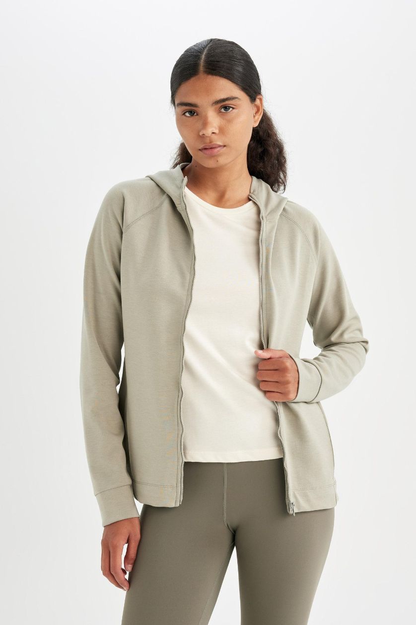 Kadın Açık Haki Standart Fit Sporcu Fermuarlı Skuba Dalgıç Kumaş Hırka