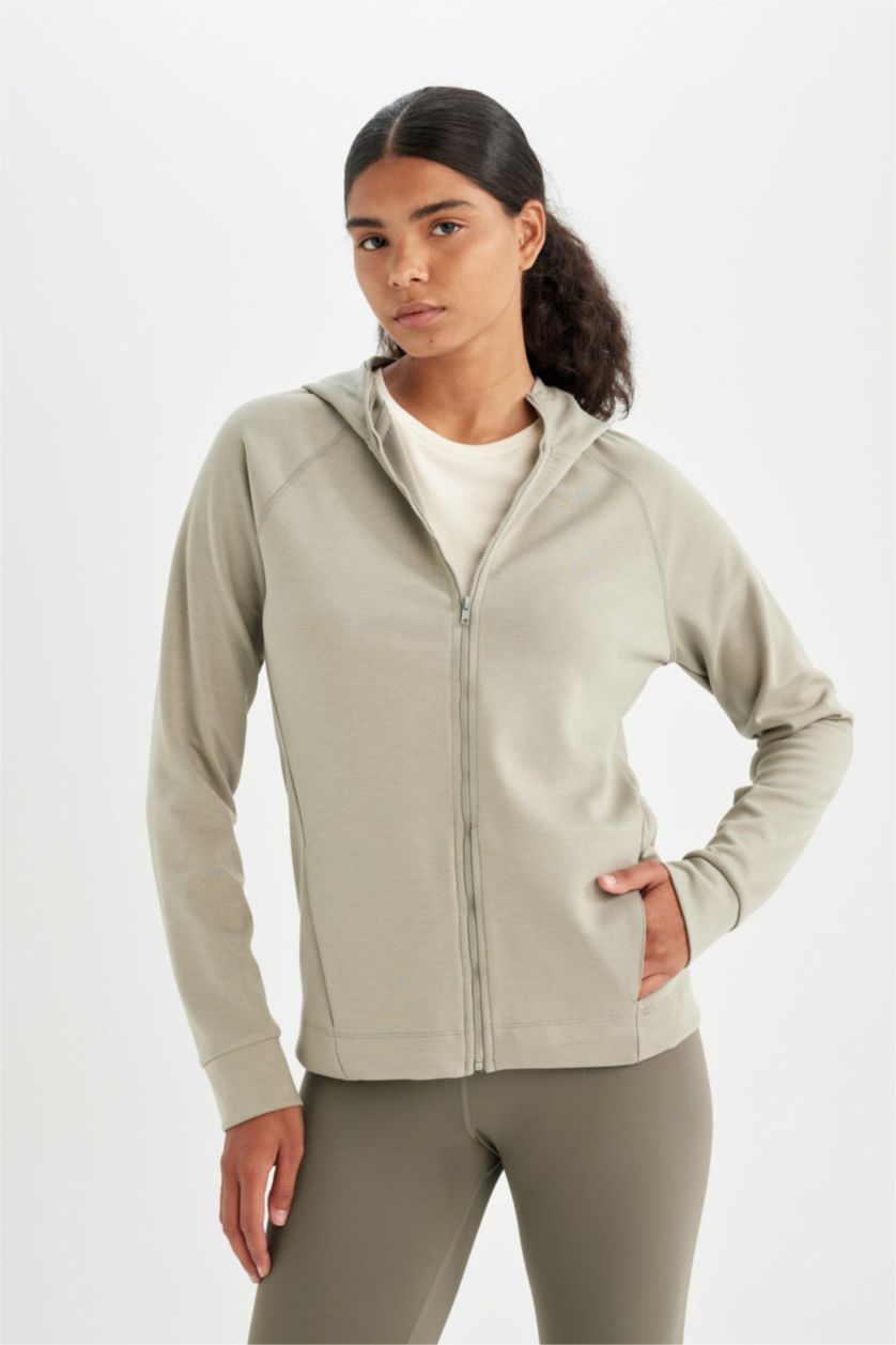 Kadın Açık Haki Standart Fit Sporcu Fermuarlı Skuba Dalgıç Kumaş Hırka