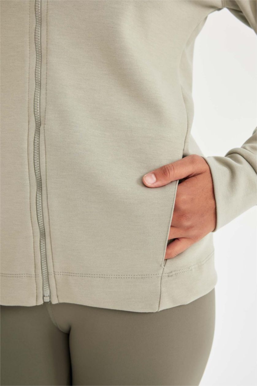 Kadın Açık Haki Standart Fit Sporcu Fermuarlı Skuba Dalgıç Kumaş Hırka