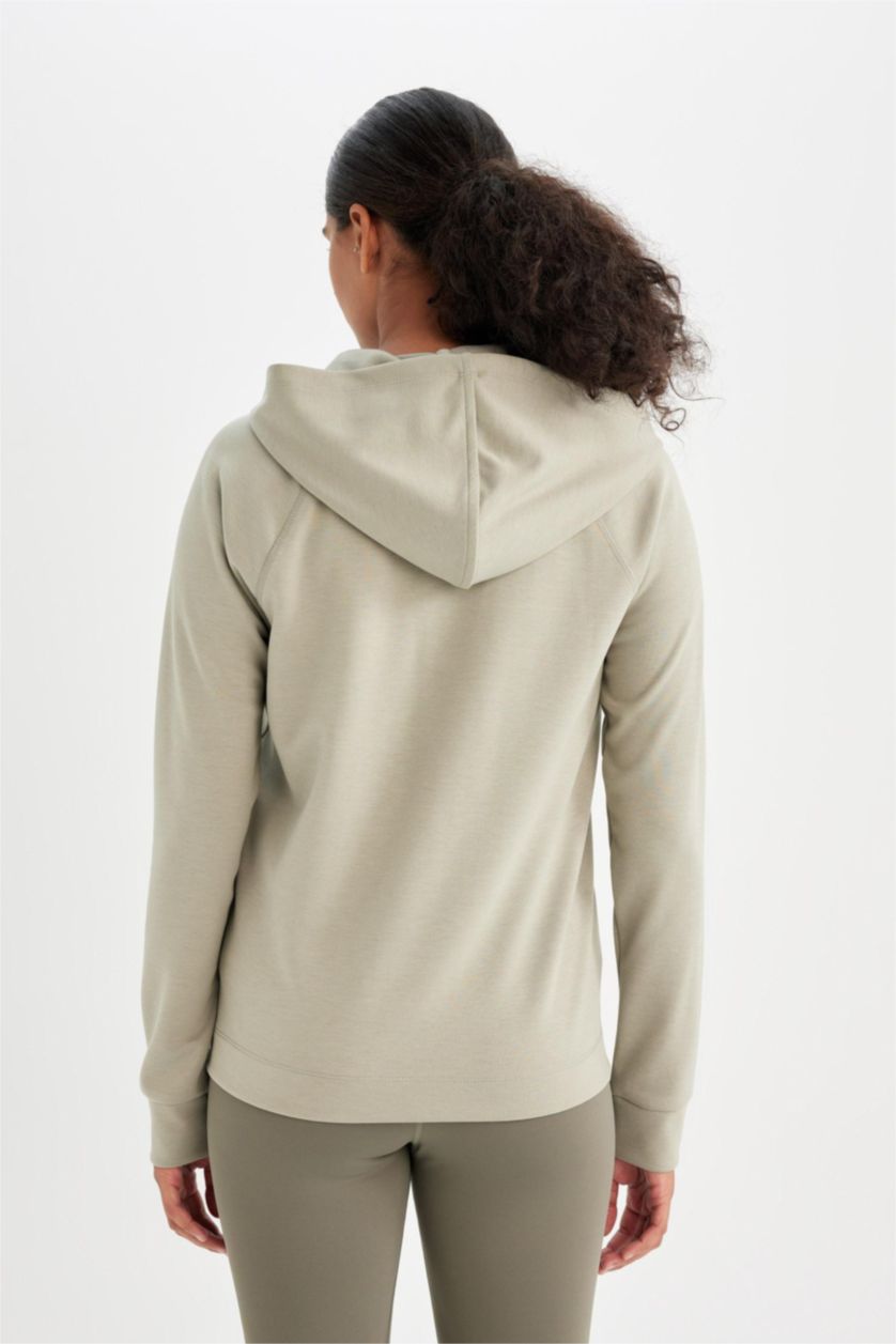 Kadın Açık Haki Standart Fit Sporcu Fermuarlı Skuba Dalgıç Kumaş Hırka