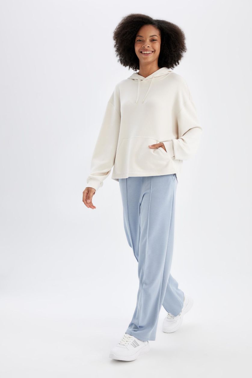 Kadın Açık Mavi Sporcu Jogger İnce Eşofman Altı Basic Düz Standart Fit Geniş Paça Skuba Dalgıç Kumaş