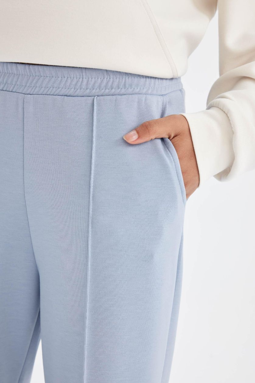 Kadın Açık Mavi Sporcu Jogger İnce Eşofman Altı Basic Düz Standart Fit Geniş Paça Skuba Dalgıç Kumaş