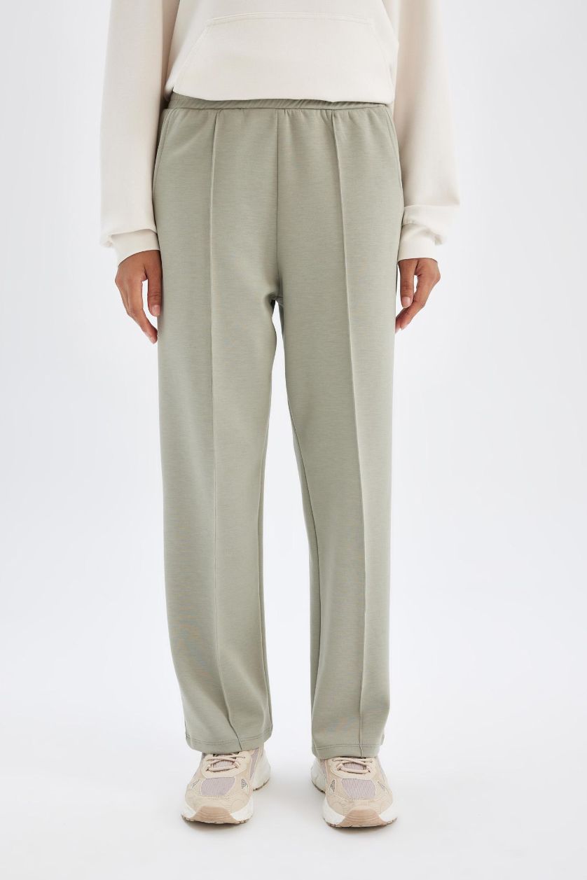 Kadın Açık Haki Sporcu Jogger İnce Eşofman Altı Basic Düz Standart Fit Geniş Paça Skuba Dalgıç Kumaş